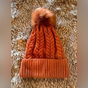 Cozy Cable Knit Orange Rust Beanie with Faux Fur Pom